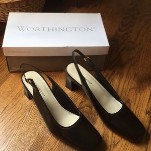 Sling-back faux black patent leather heels